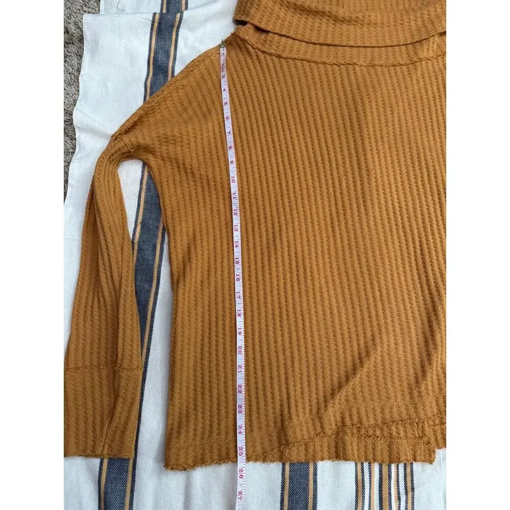 Free People  Top Womens Medium Mustard Yellow Waffle Knit Raw Hem Cowl Neck Cozy - Picture 7 of 11